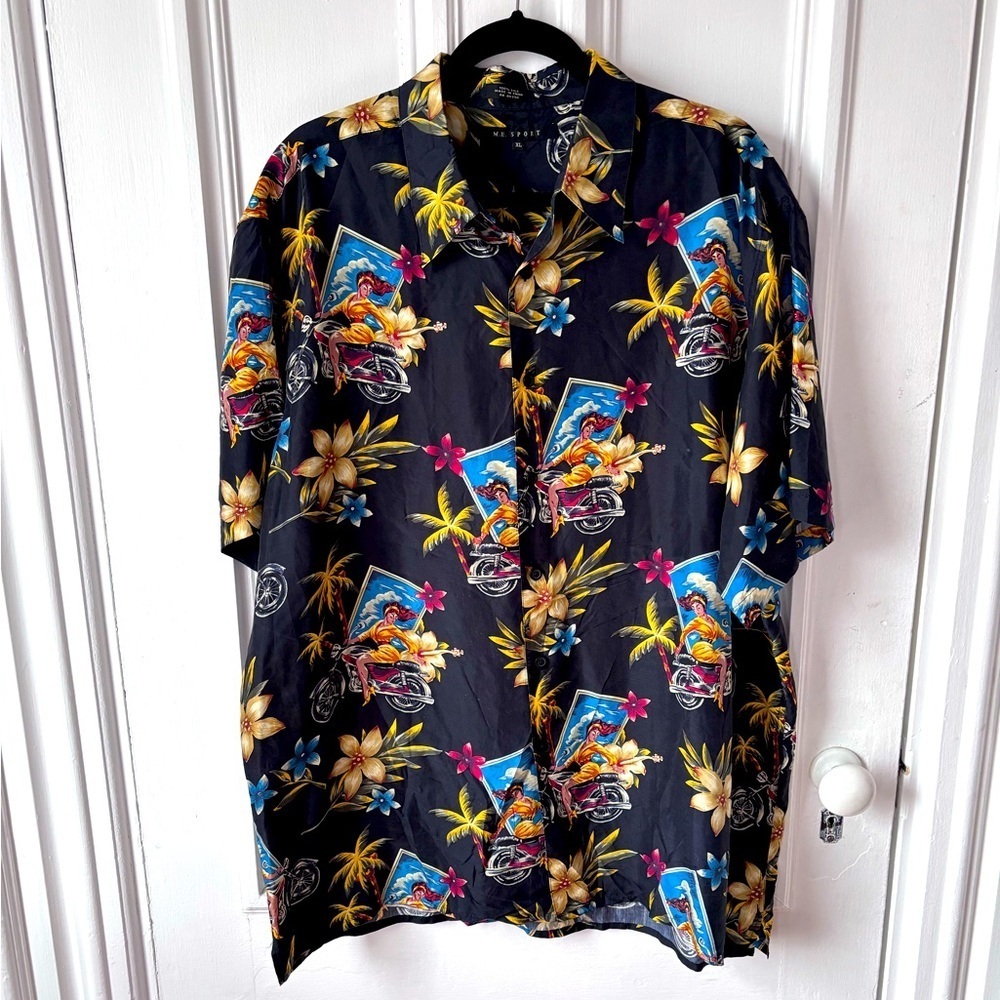 M.E. Sports Men’s Silk Hawaiian Motorcycle Short Sleeve Silk Button Down Size XL